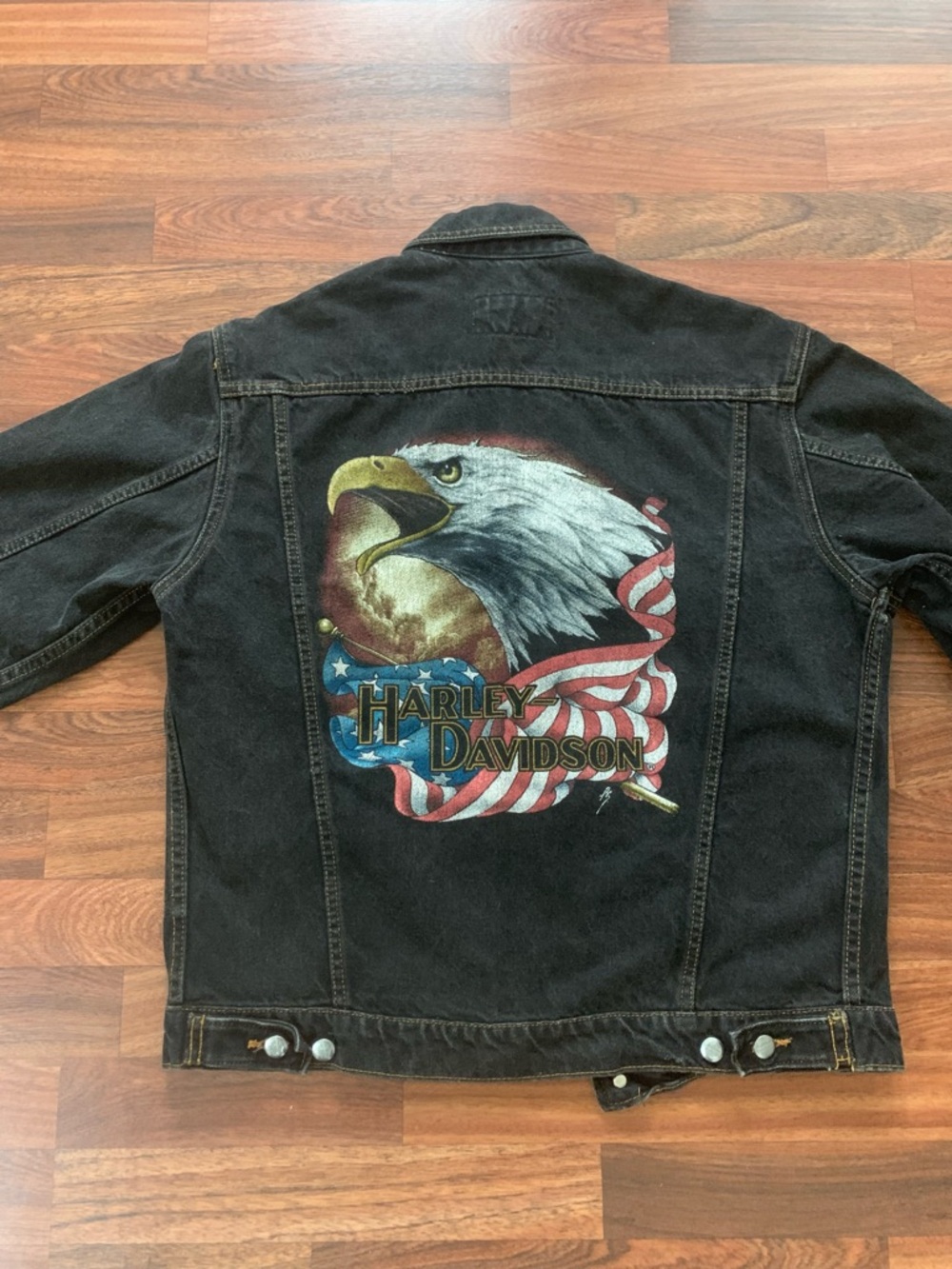 Vintage Harley Davidson Motorcycle Black Denim Jacket Men’s Small Eagle & Flag